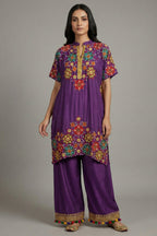 Dark Magenta Silk Embroidered Co-Ord Set - red silk saree embroidered