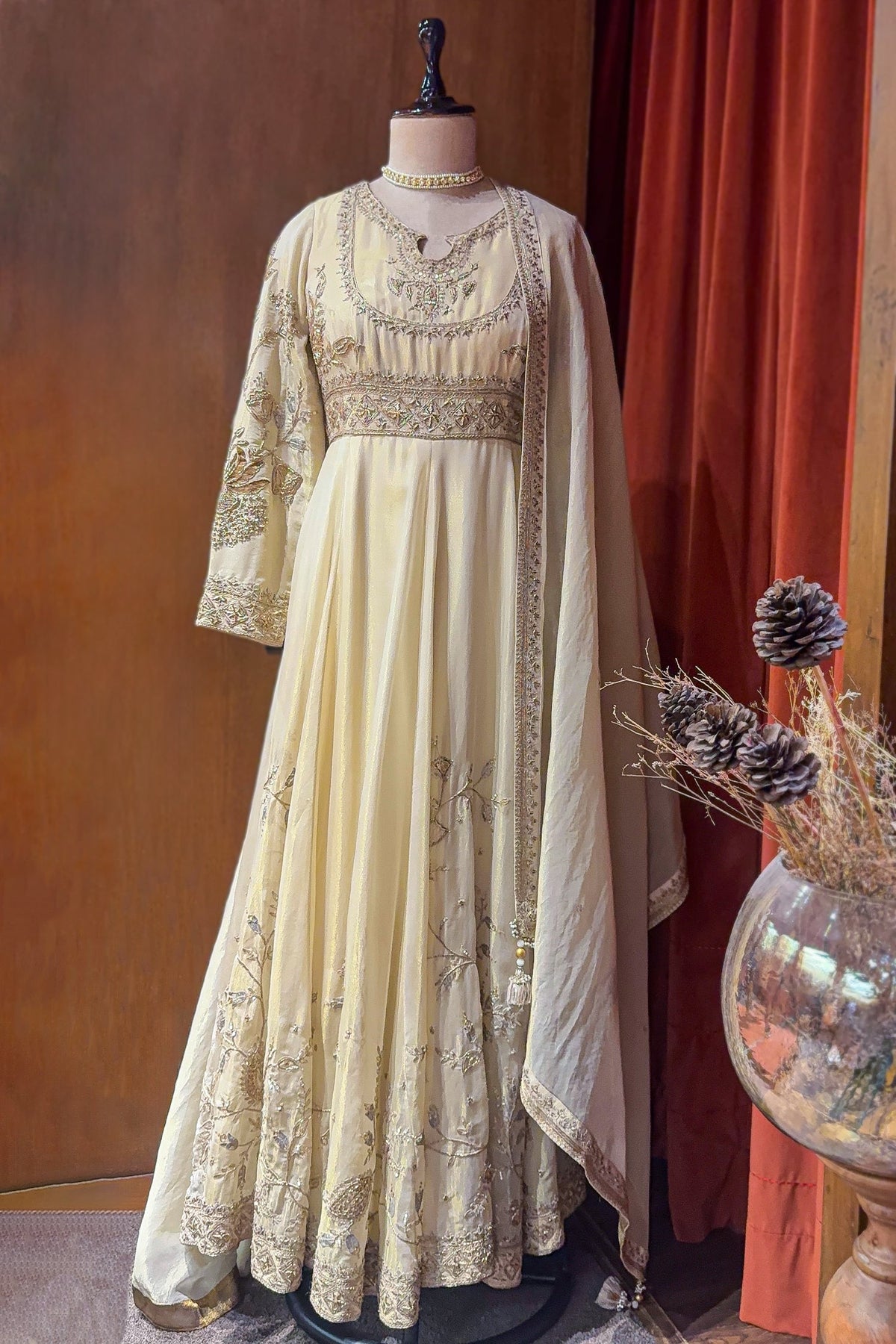 Ivory Hand Embroidered Anarkali Set with Dupatta - red saree embroidered