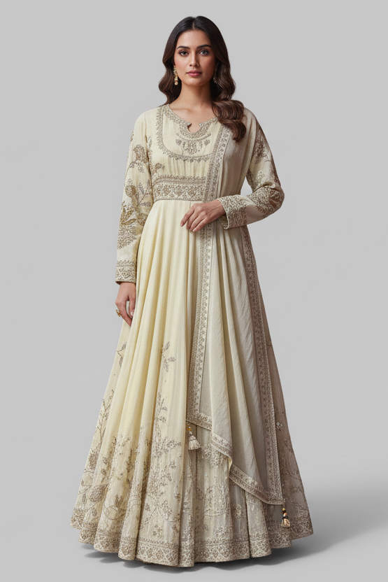 Ivory Hand Embroidered Anarkali Set with Dupatta - red saree embroidered