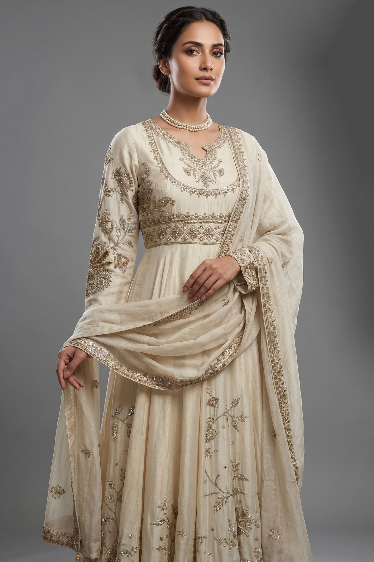 Ivory Hand Embroidered Anarkali Set with Dupatta - red saree embroidered