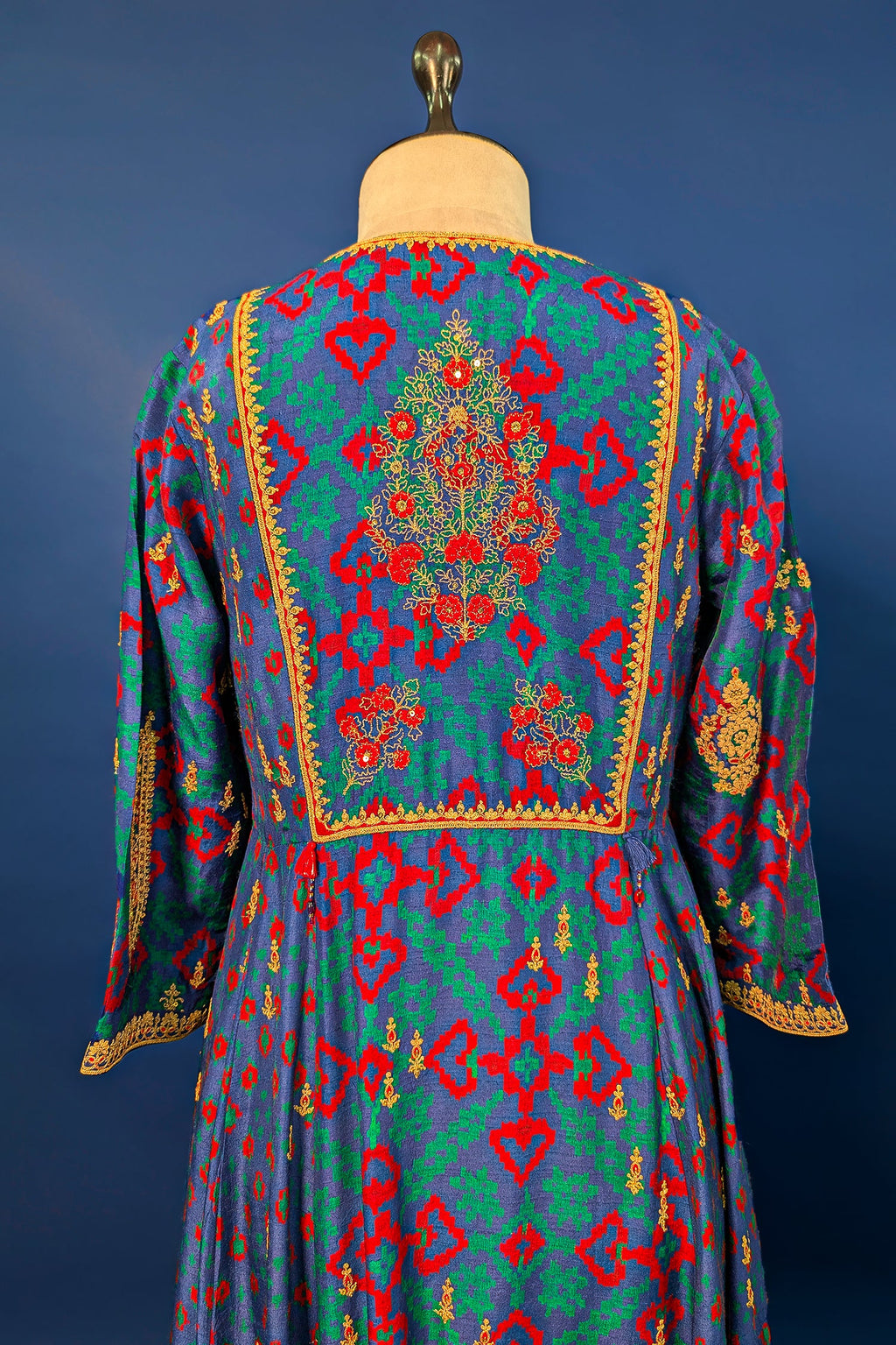 Blue Silk Printed Angrakha Style Palazzo Suit with Sequin Embroidery Work - blue silk saree embroidery