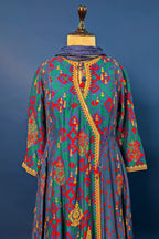 Blue Silk Printed Angrakha Style Palazzo Suit with Sequin Embroidery Work - blue silk saree embroidery