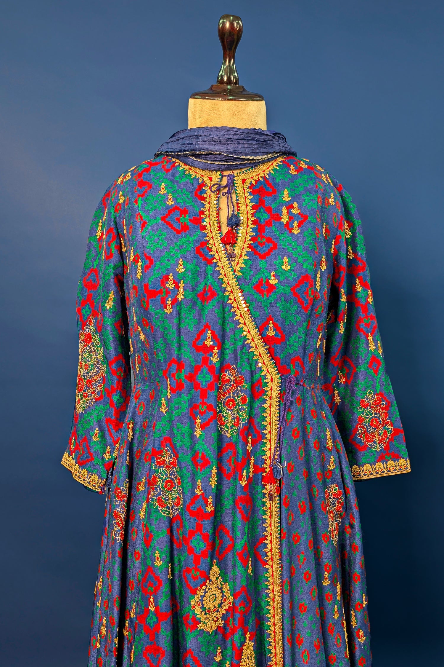 Blue Silk Printed Angrakha Style Palazzo Suit with Sequin Embroidery Work - blue silk saree embroidery