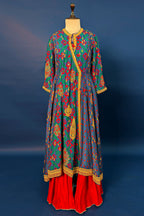 Blue Silk Printed Angrakha Style Palazzo Suit with Sequin Embroidery Work - blue silk saree embroidery