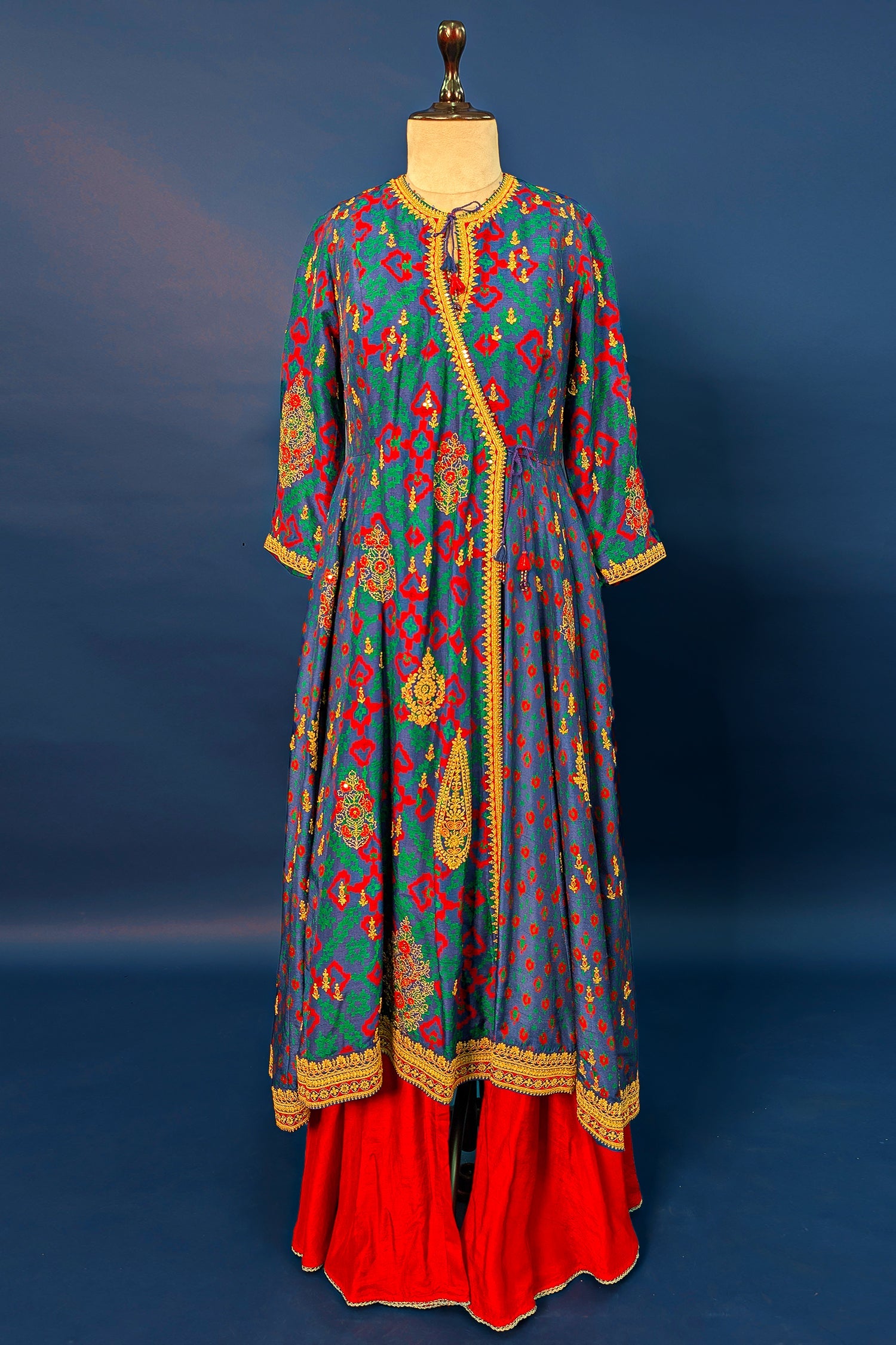 Blue Silk Printed Angrakha Style Palazzo Suit with Sequin Embroidery Work - blue silk saree embroidery
