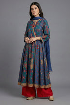 Blue Silk Printed Angrakha Style Palazzo Suit with Sequin Embroidery Work - blue silk saree embroidery
