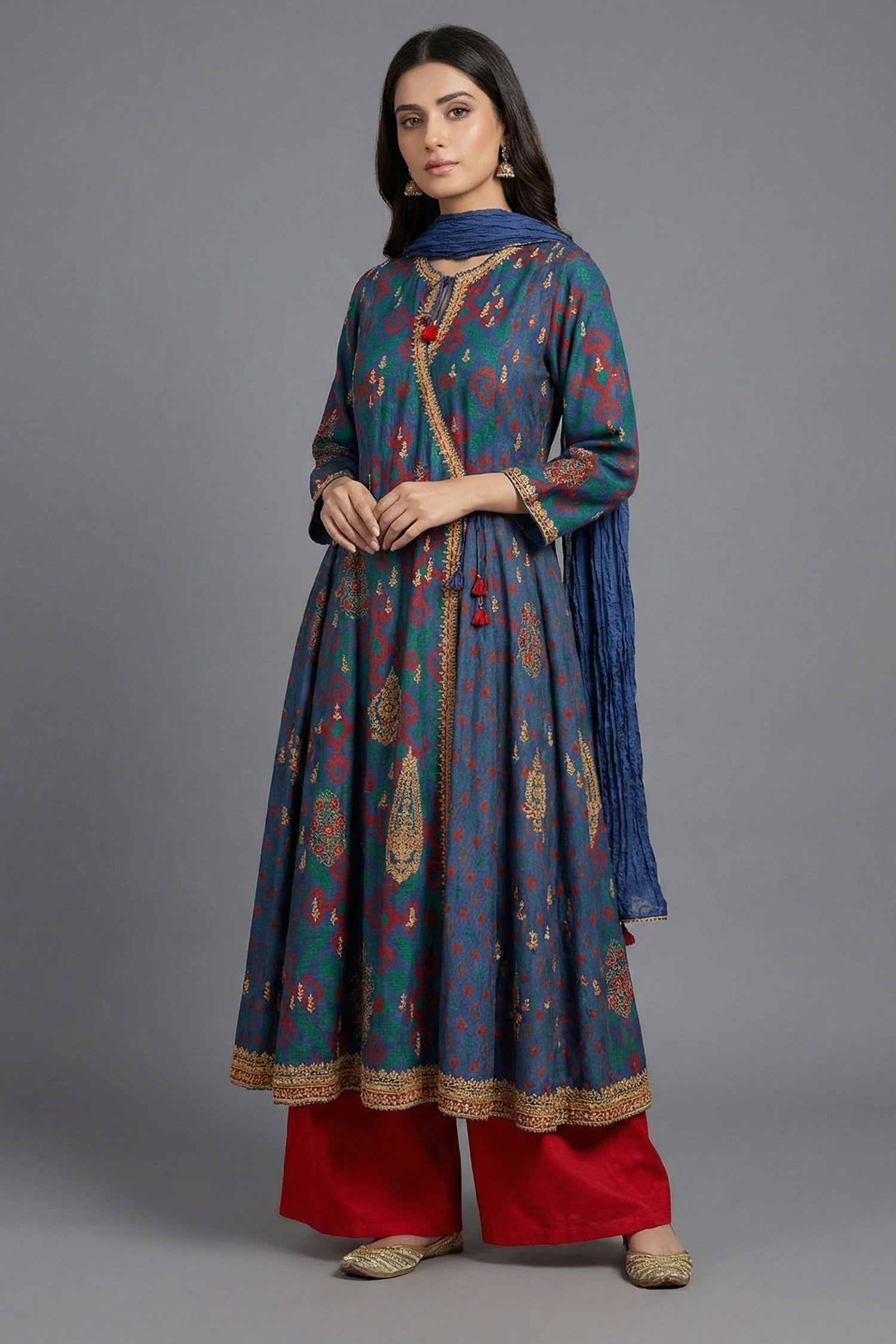 Blue Silk Printed Angrakha Style Palazzo Suit with Sequin Embroidery Work - blue silk saree embroidery