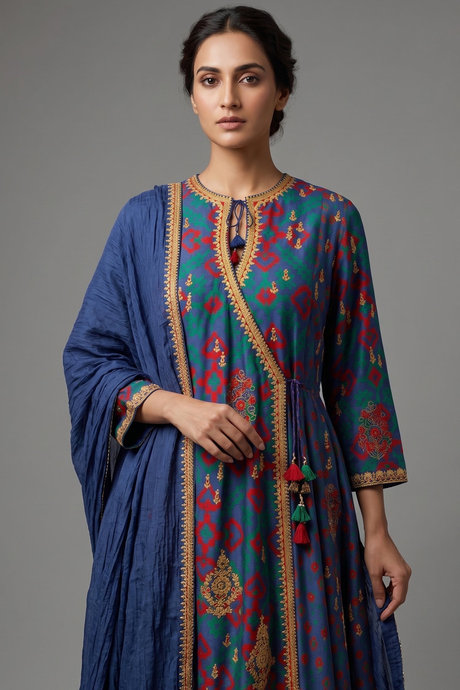 Blue Silk Printed Angrakha Style Palazzo Suit with Sequin Embroidery Work Secondary image