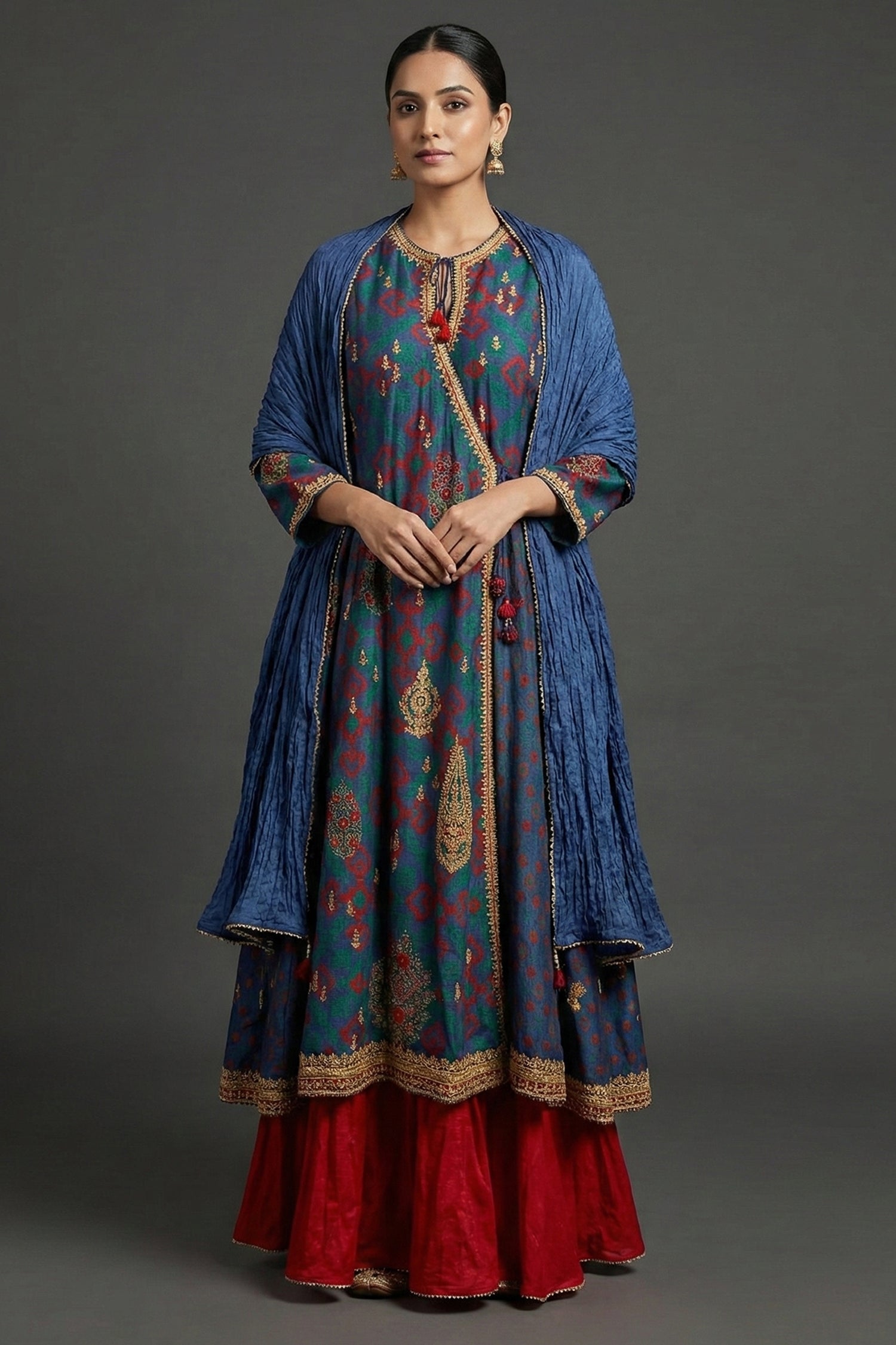 Blue Silk Printed Angrakha Style Palazzo Suit with Sequin Embroidery Work - blue silk saree embroidery Main image