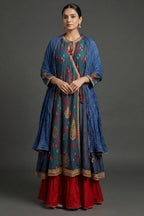 Blue Silk Printed Angrakha Style Palazzo Suit with Sequin Embroidery Work - blue silk saree embroidery