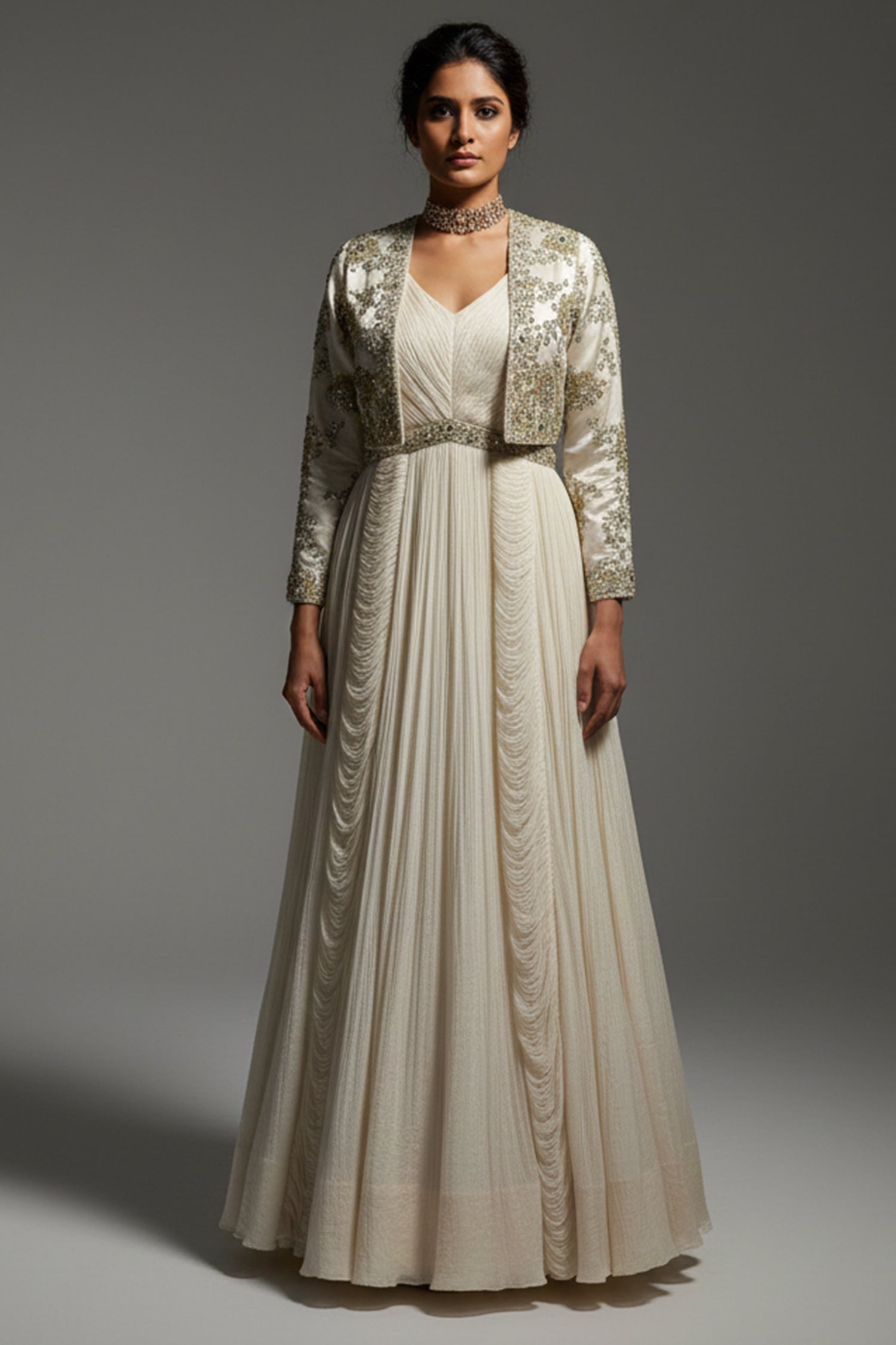 Ivory Embellished Gown with Handworked Jacket - ivory saree