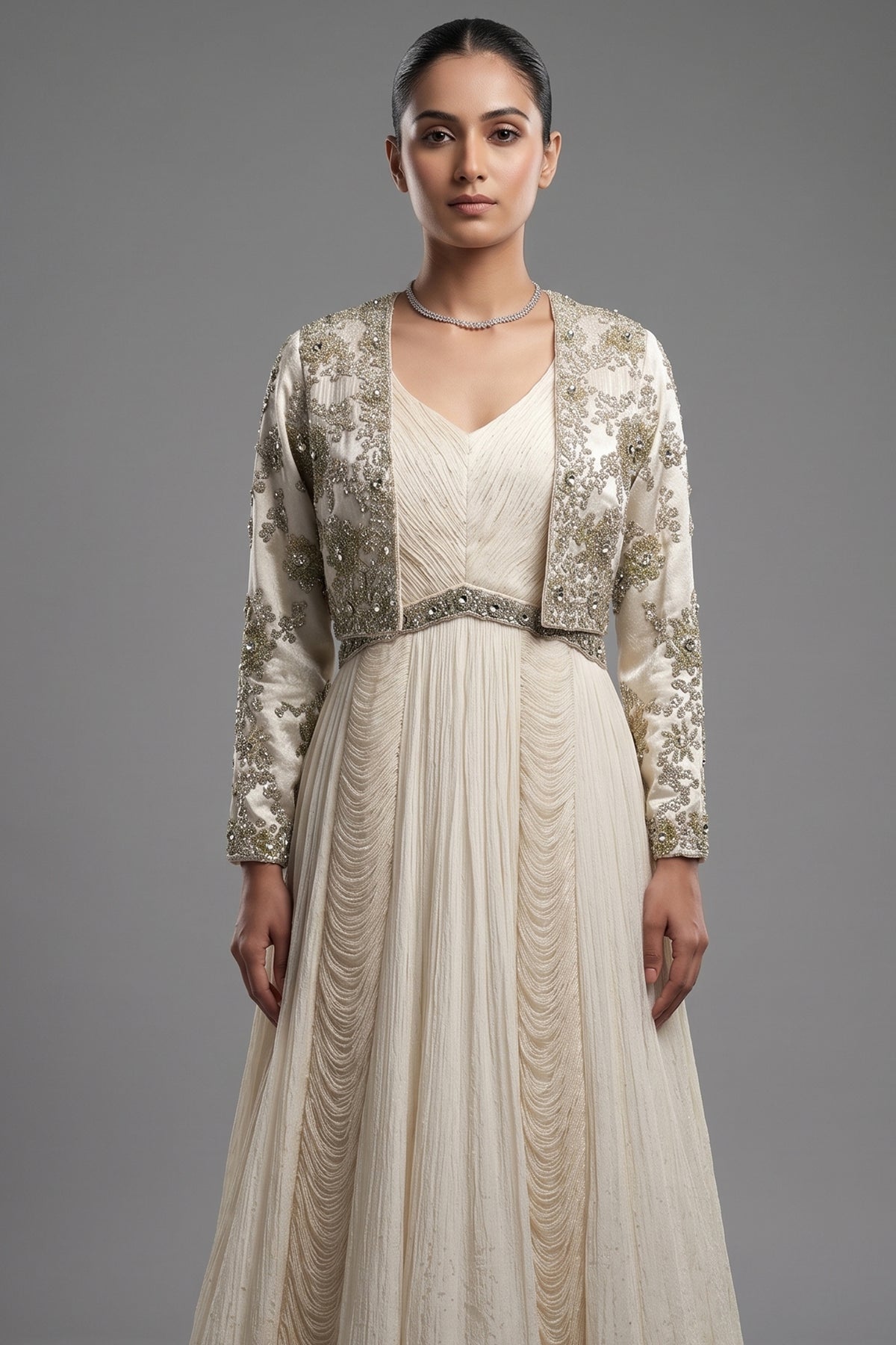 Ivory Embellished Gown with Handworked Jacket - ivory saree