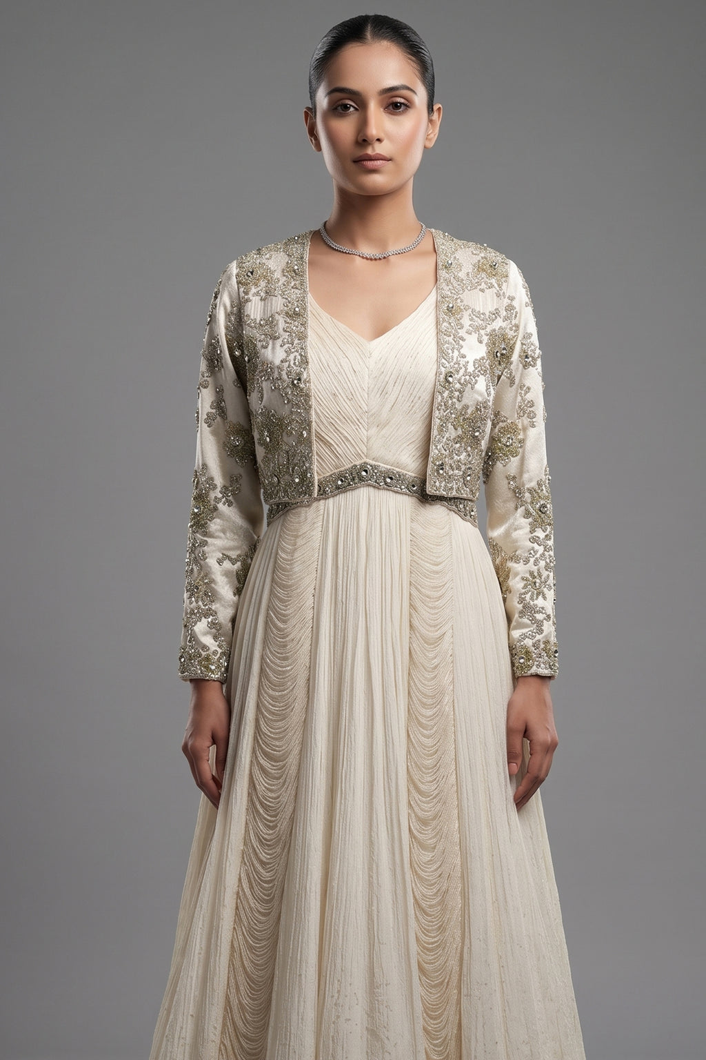 Ivory Embellished Gown with Handworked Jacket - ivory saree