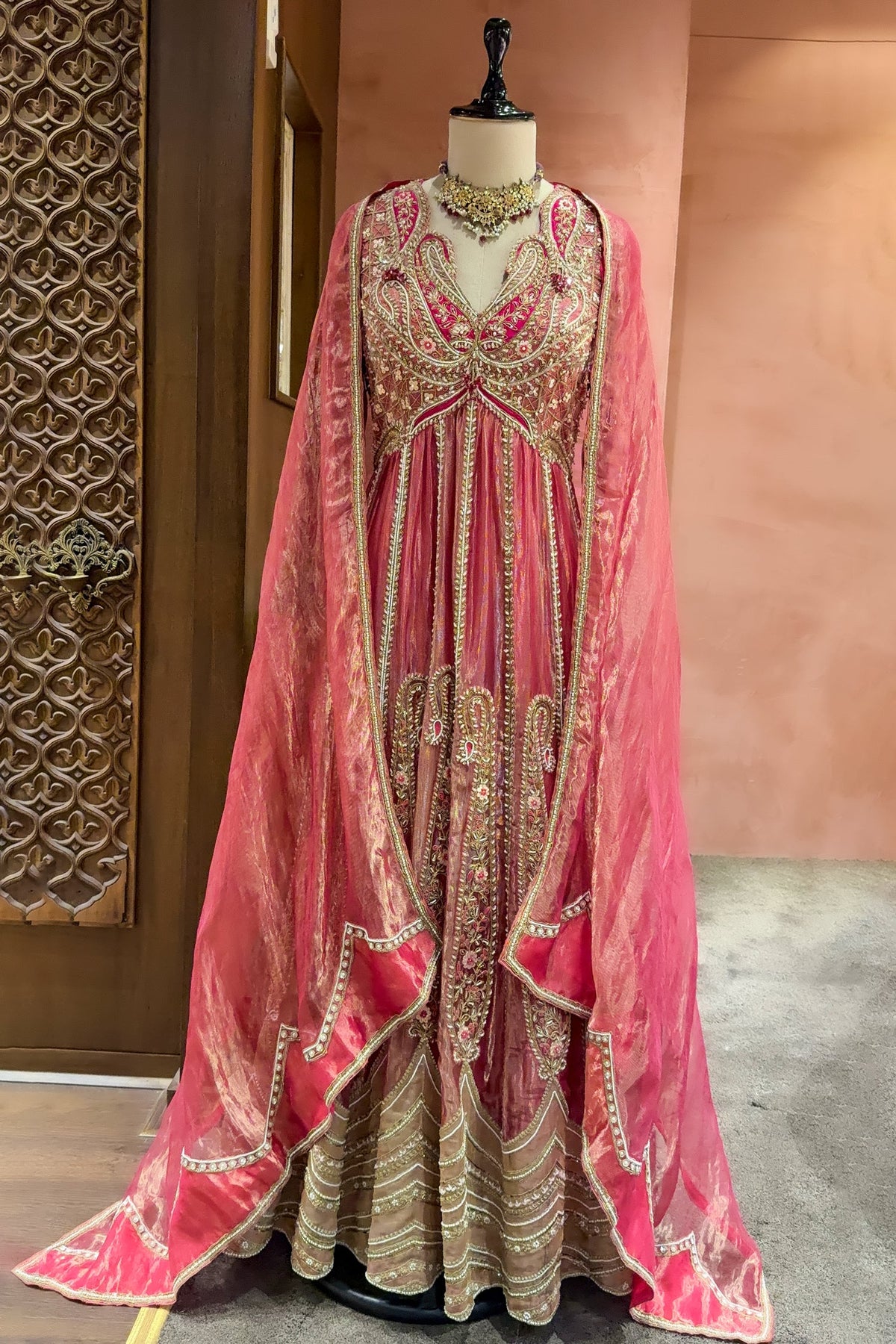 Pink Tissue Designer Heavy Paisley Worked Suit - pink saree
