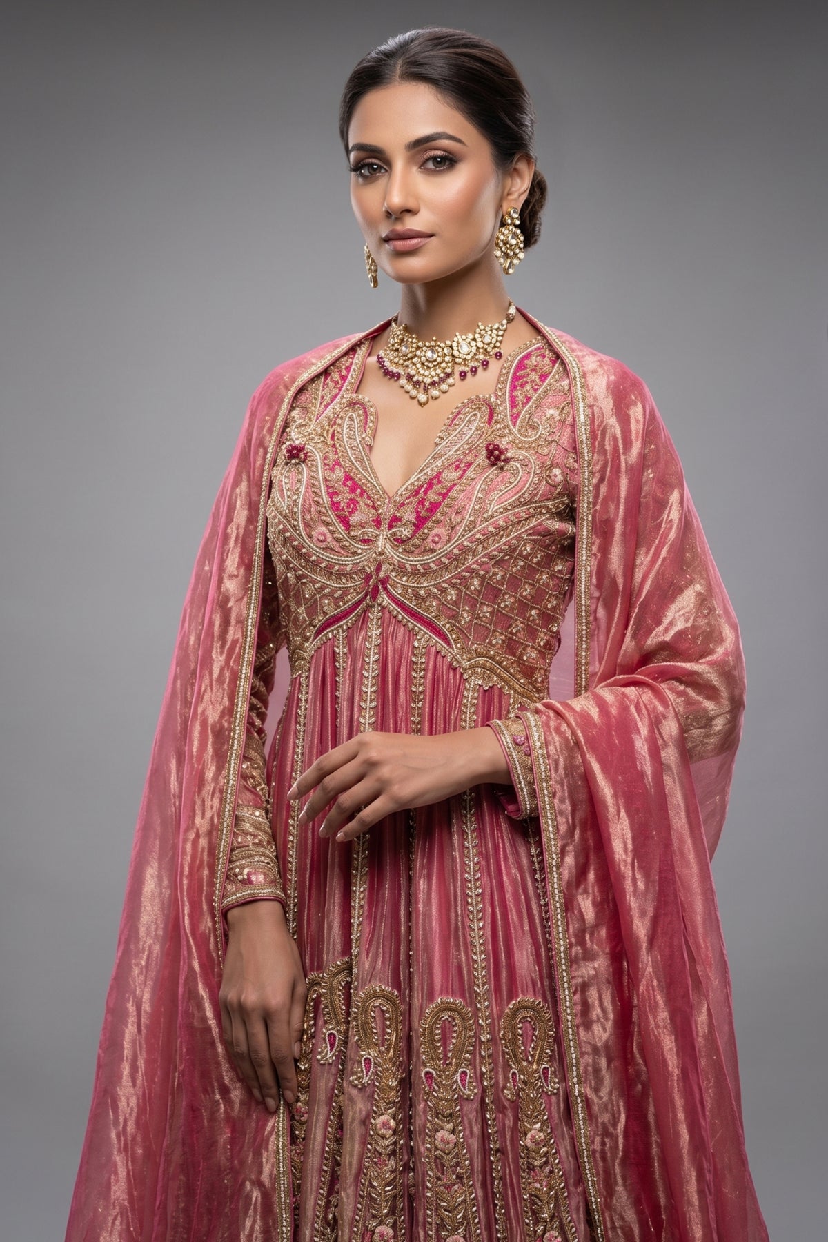Pink Tissue Designer Heavy Paisley Worked Suit - pink saree
