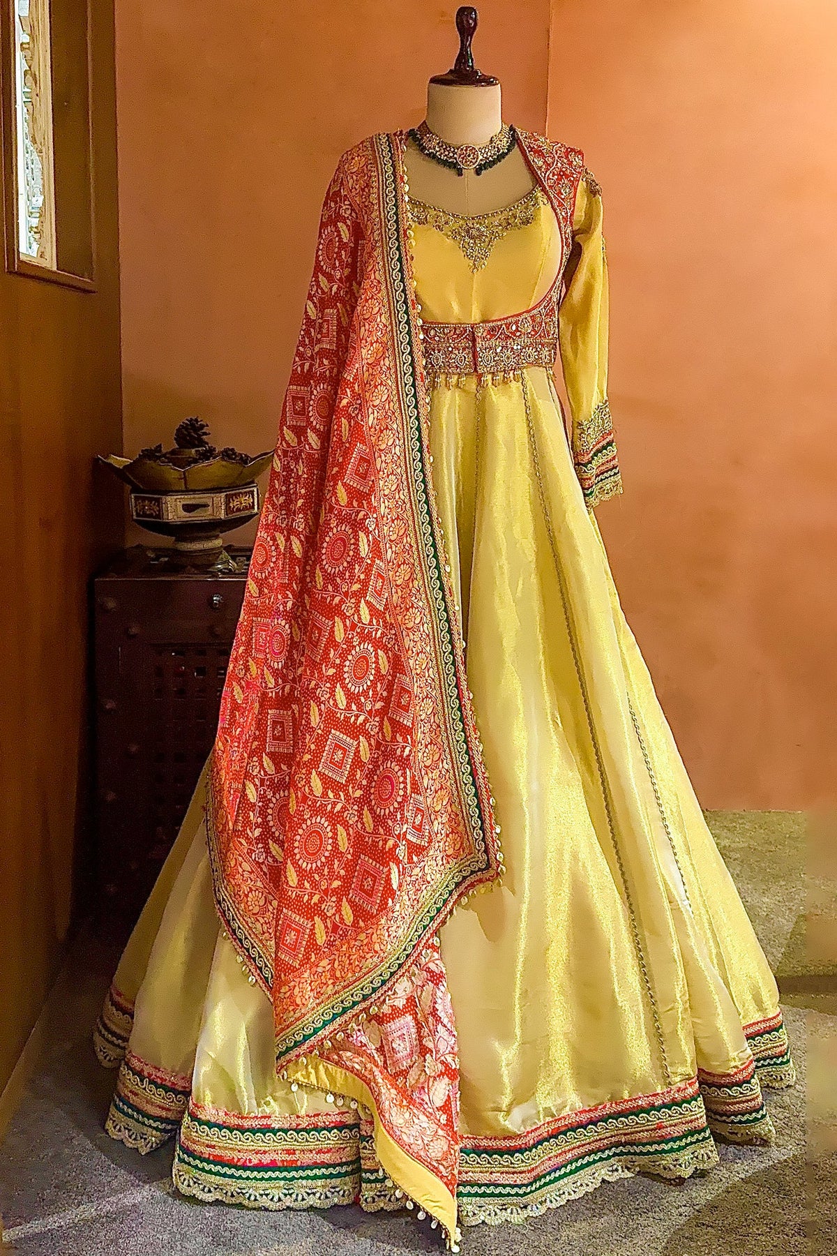 Golden Tissue Designer Anarkali Suit with Bandhej Dupatta - gold saree bandhej