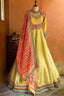 Golden Tissue Designer Anarkali Suit with Bandhej Dupatta - gold saree bandhej