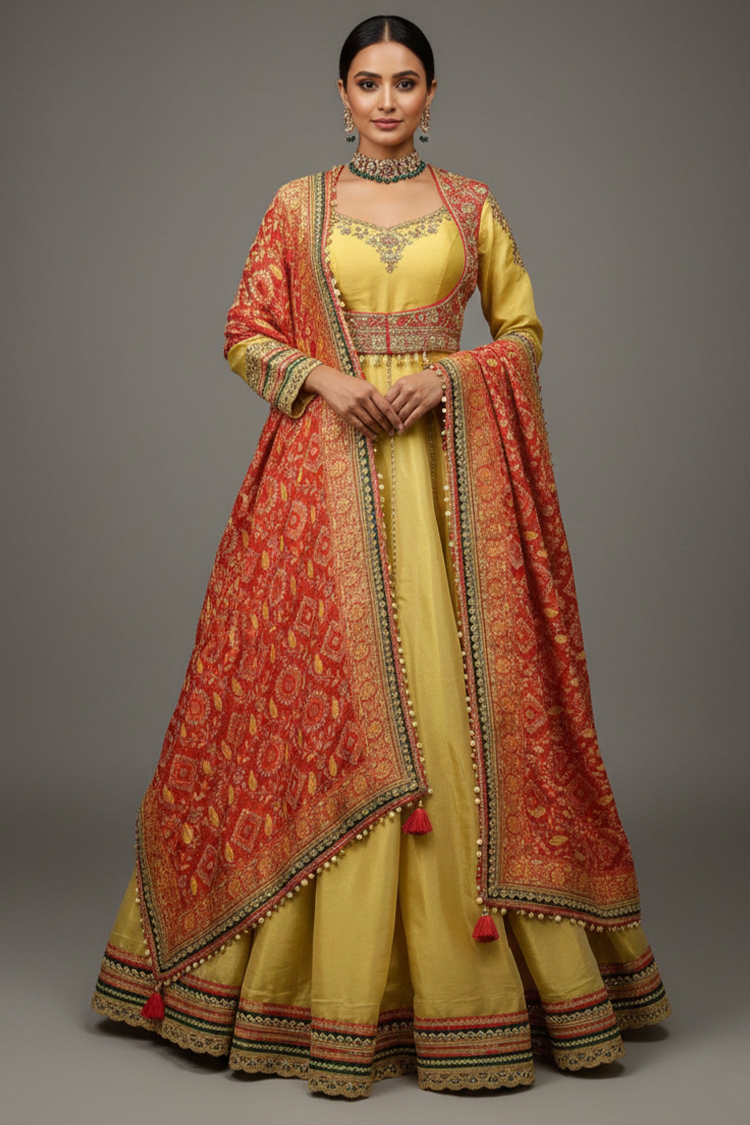 Golden Tissue Designer Anarkali Suit with Bandhej Dupatta - gold saree bandhej Main image