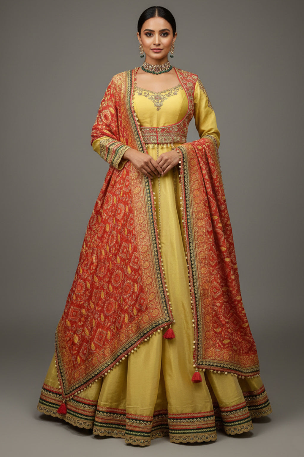 Golden Tissue Designer Anarkali Suit with Bandhej Dupatta - gold saree bandhej