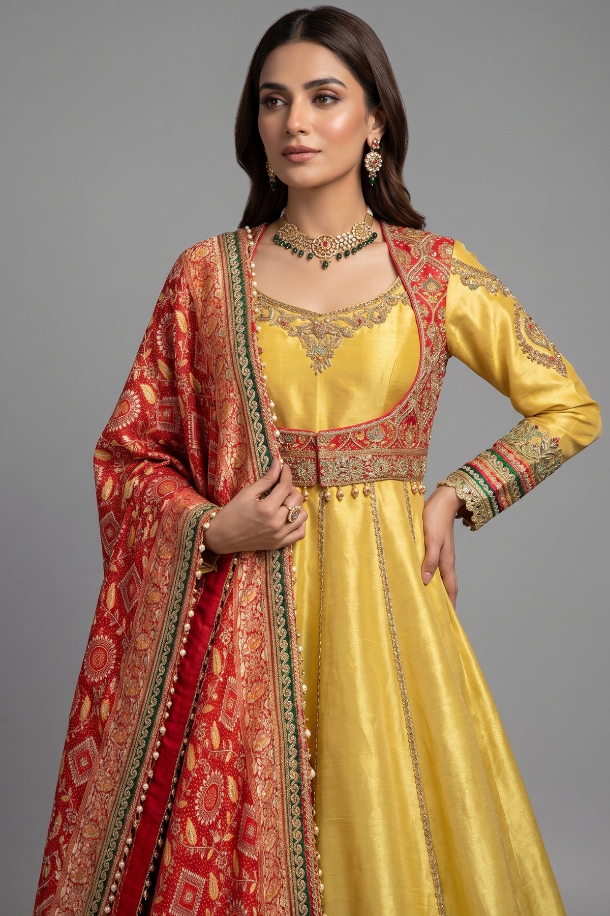 Golden Tissue Designer Anarkali Suit with Bandhej Dupatta - gold saree bandhej
