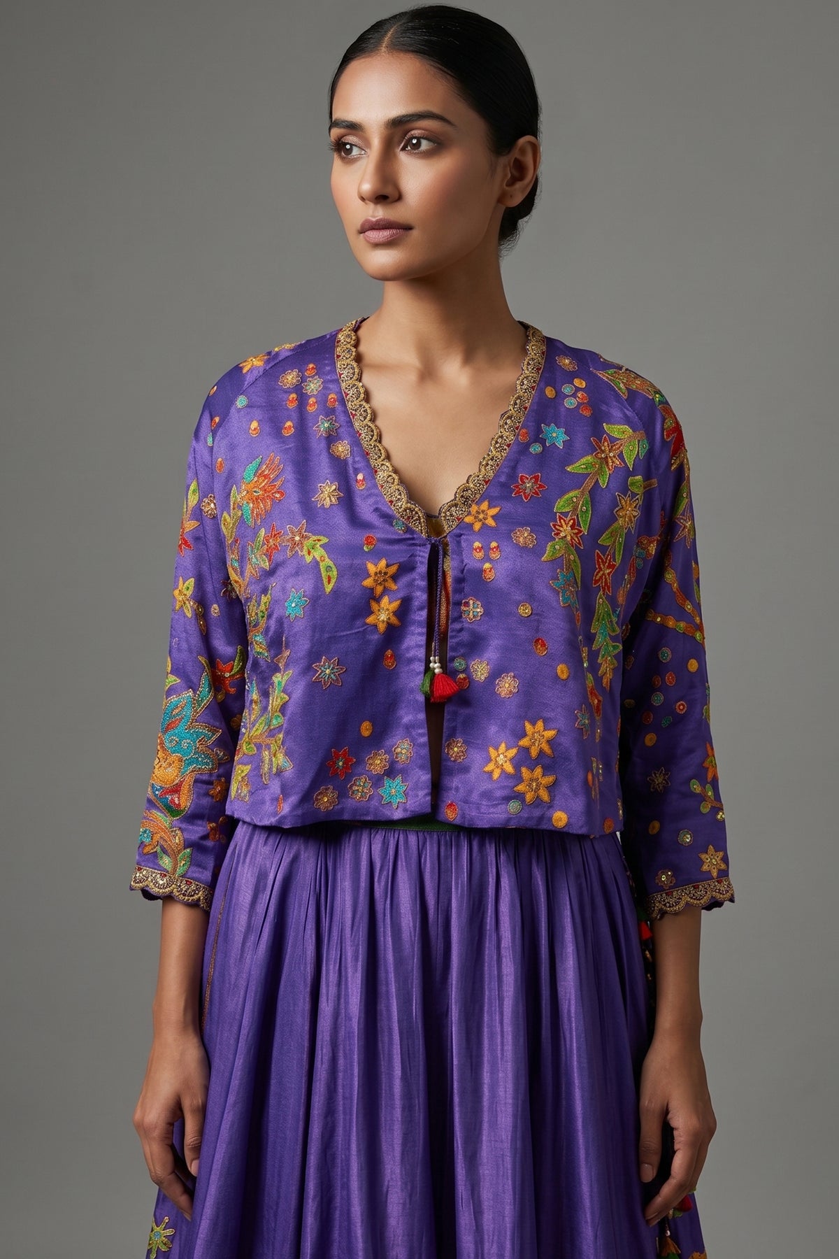 Violet Purple Satin Silk Printed Co-Ord Set with Sequin and Cutdana Work - purple silk saree