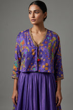 Violet Purple Satin Silk Printed Co-Ord Set with Sequin and Cutdana Work - purple silk saree