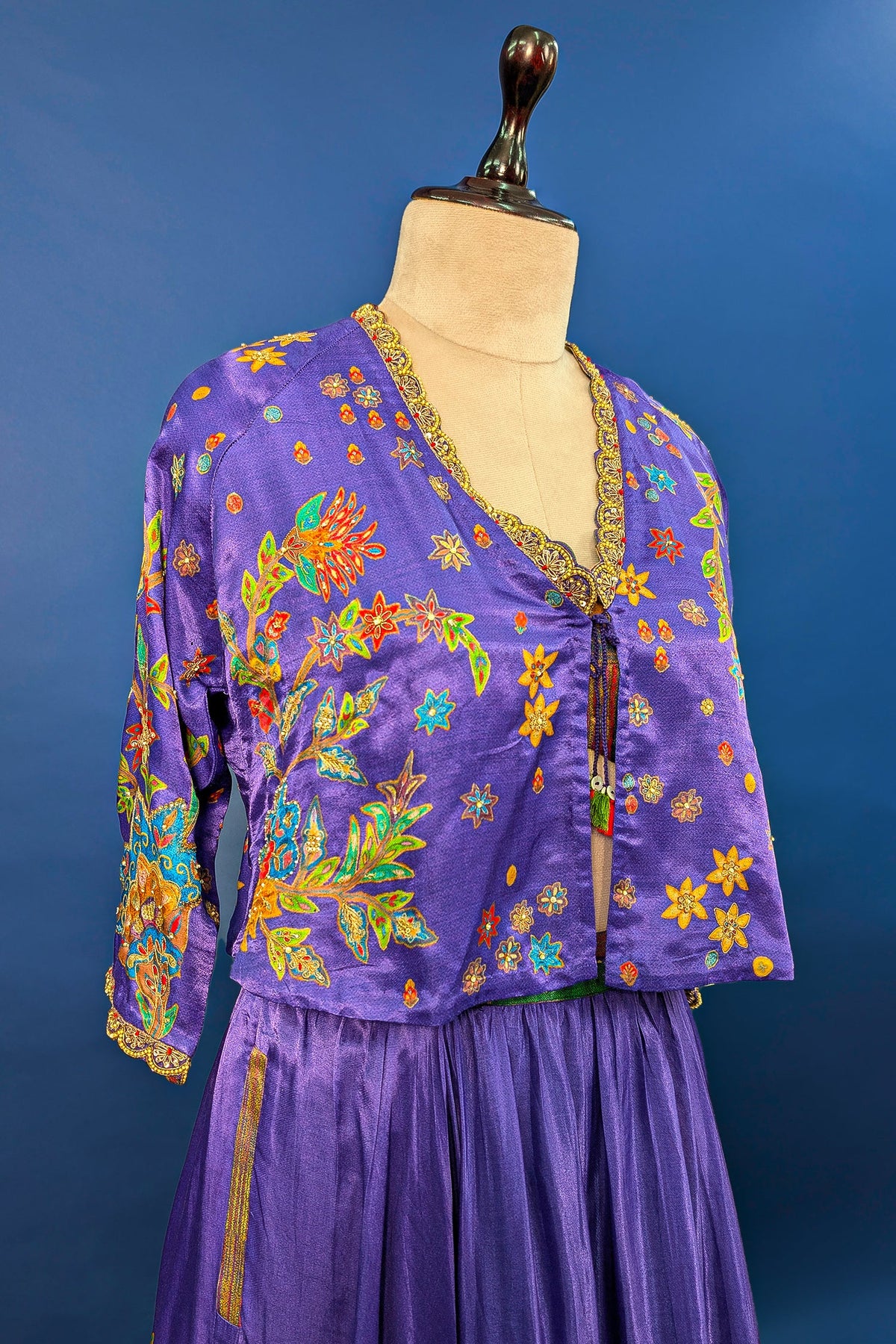 Violet Purple Satin Silk Printed Co-Ord Set with Sequin and Cutdana Work - purple silk saree