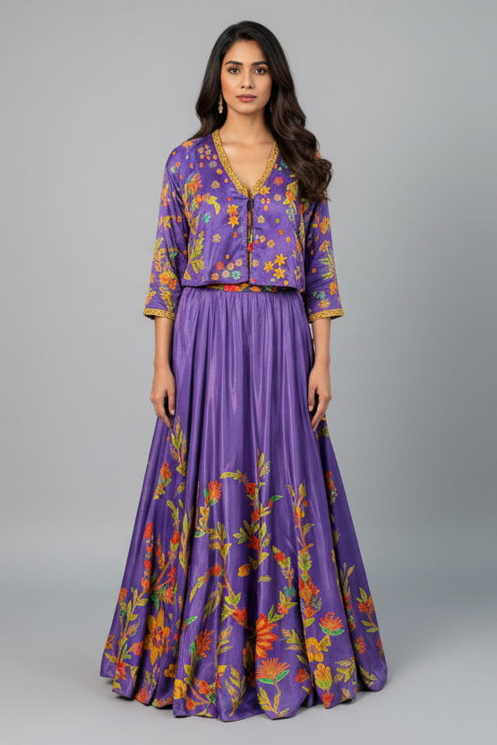 Violet Purple Satin Silk Printed Co-Ord Set with Sequin and Cutdana Work - purple silk saree Main image