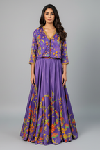 Violet Purple Satin Silk Printed Co-Ord Set with Sequin and Cutdana Work - purple silk saree