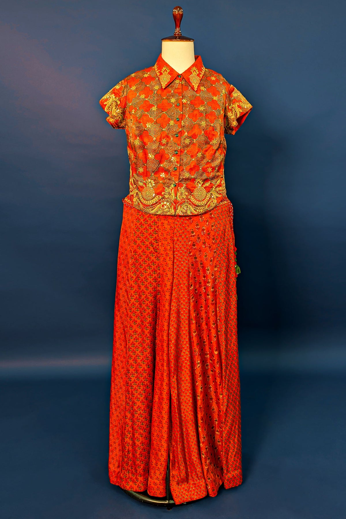 Rust Orange Satin Silk Printed Co-Ord Set - orange silk saree