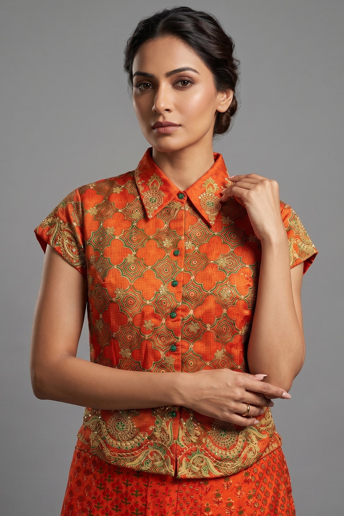 Rust Orange Satin Silk Printed Co-Ord Set - orange silk saree