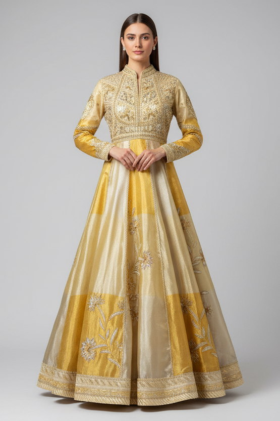Golden Beaded Work Designer Anarkali Suit - gold saree
