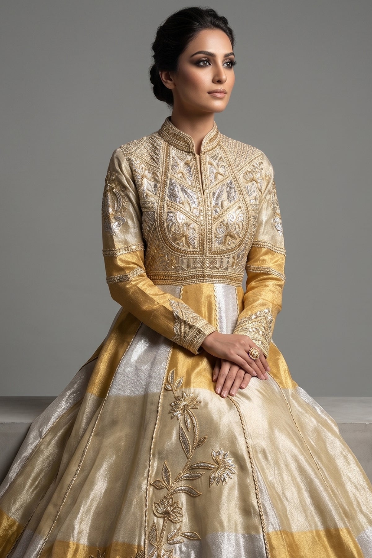 Golden Beaded Work Designer Anarkali Suit - gold saree