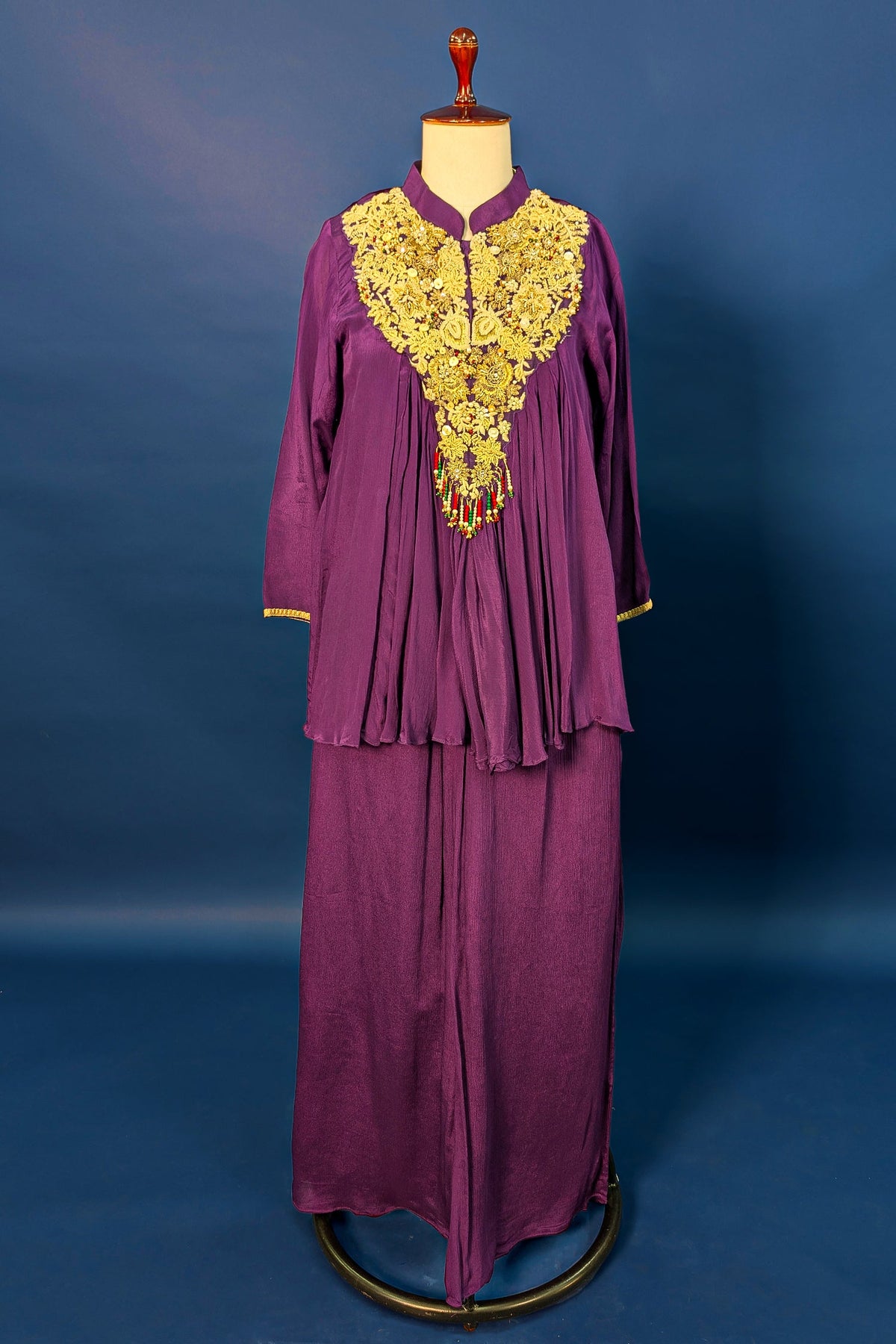 Dark Magenta Chinon Georgette Co-Ord Set with Embroidered Bodice