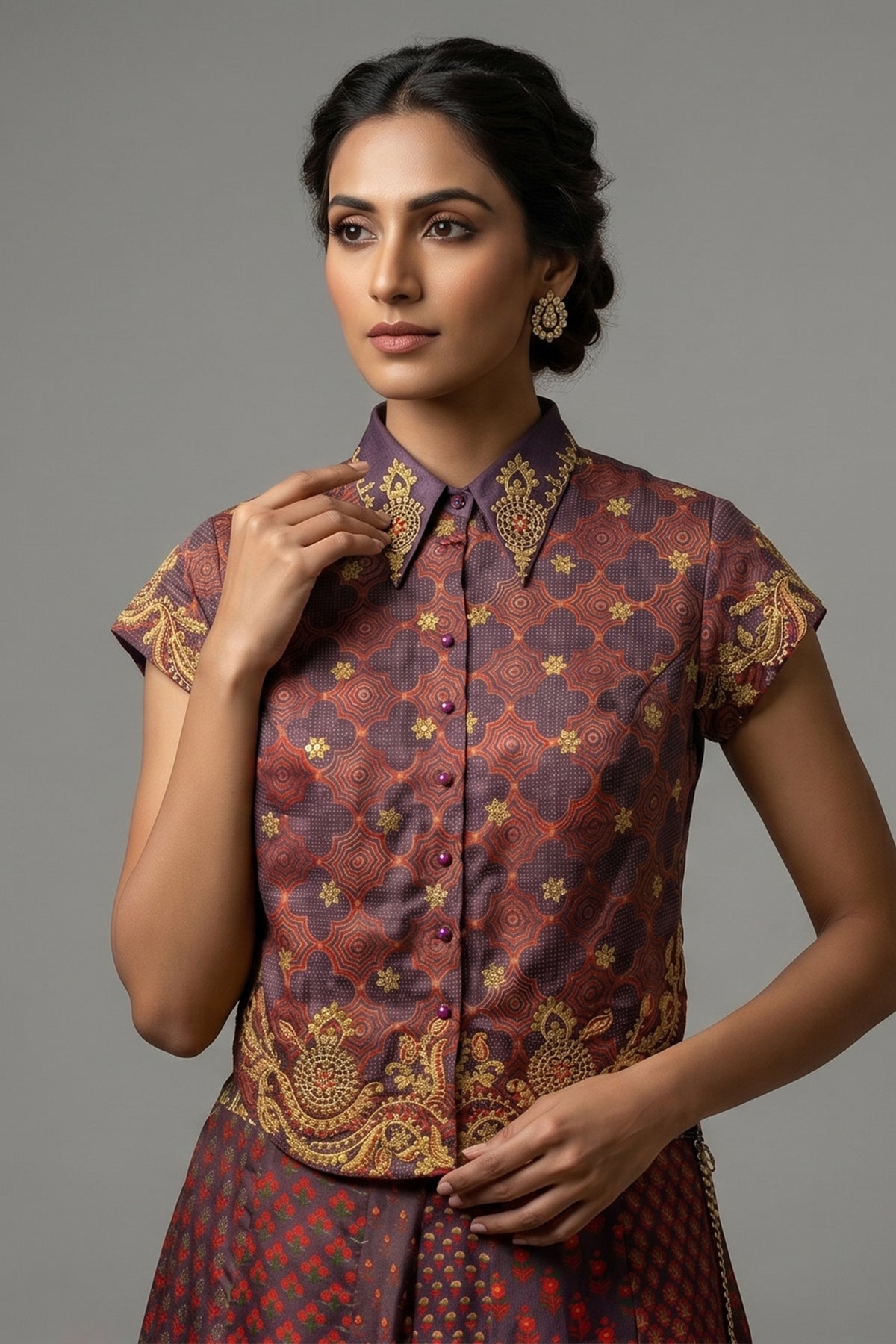 Twilight Lavender Satin Printed Co-Ord Set with Sequin Embroidery Work - lavender satin saree embroidery