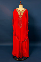 Red Chinon Georgette Embroidered Bodice Asymmetric Co-Ord Set