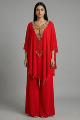 Red Chinon Georgette Embroidered Bodice Asymmetric Co-Ord Set