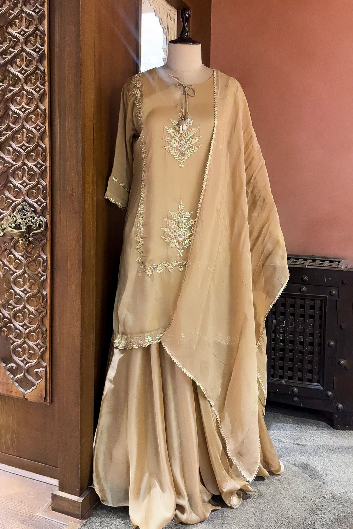 Beige Tissue Gota Worked Palazzo Suit - beige saree