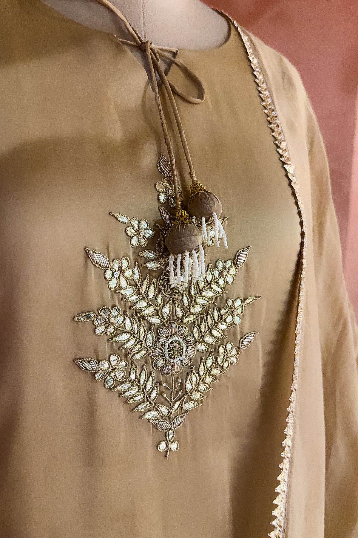 Beige Tissue Gota Worked Palazzo Suit - beige saree