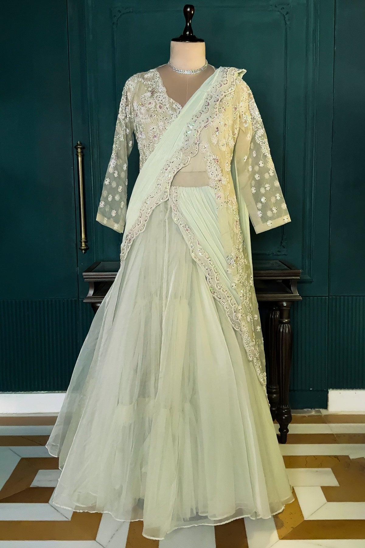 Light Mint Green Suit with Attached Dupatta and Long Top - green saree