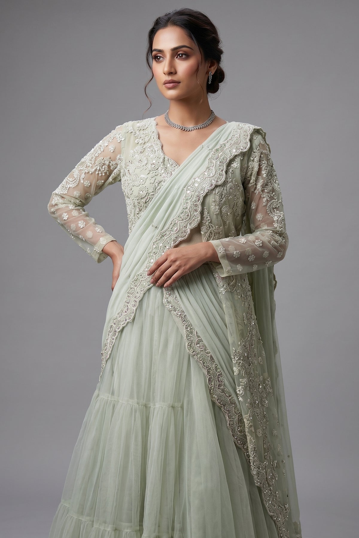 Light Mint Green Suit with Attached Dupatta and Long Top - green saree