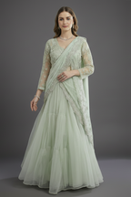 Light Mint Green Suit with Attached Dupatta and Long Top - green saree