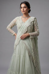 Light Mint Green Suit with Attached Dupatta and Long Top - green saree
