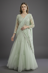 Light Mint Green Suit with Attached Dupatta and Long Top - green saree
