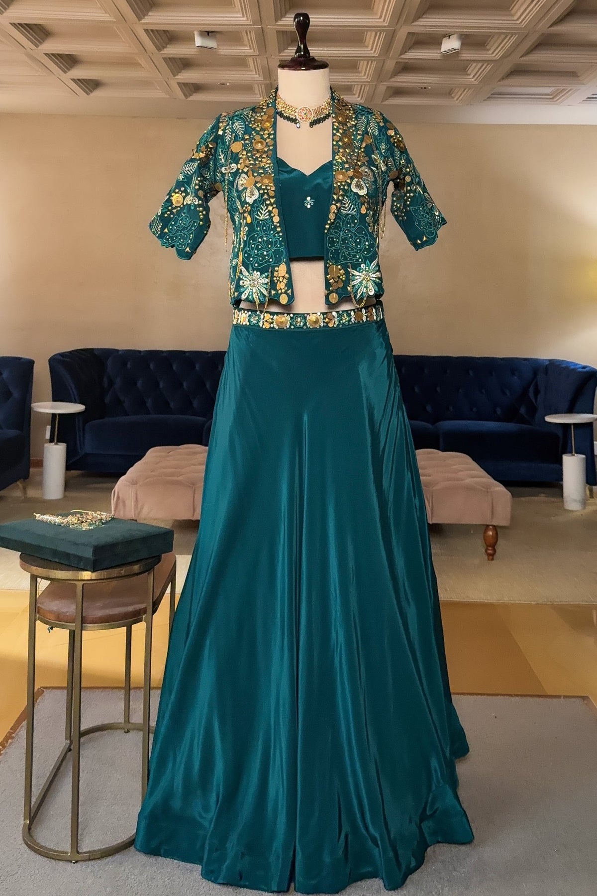 Teal Green Designer Handworked Crepe Silk Indo Western Set - green silk saree