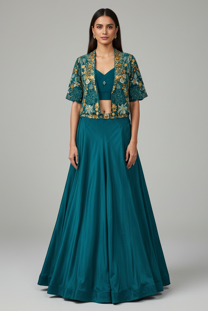 Teal Green Designer Handworked Crepe Silk Indo Western Set - green silk saree