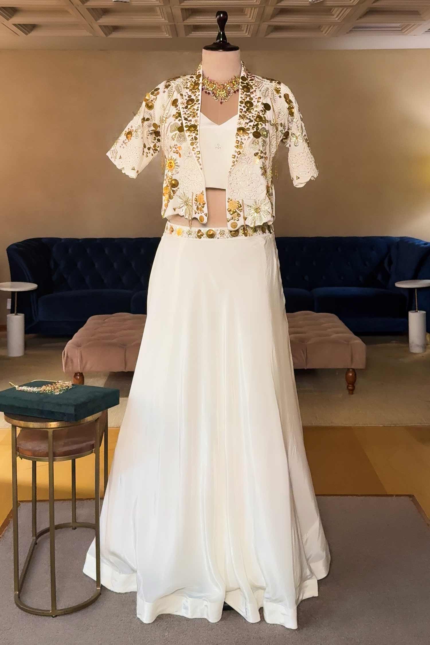Off White Designer Handworked Crepe Silk Indo Western Set Secondary image