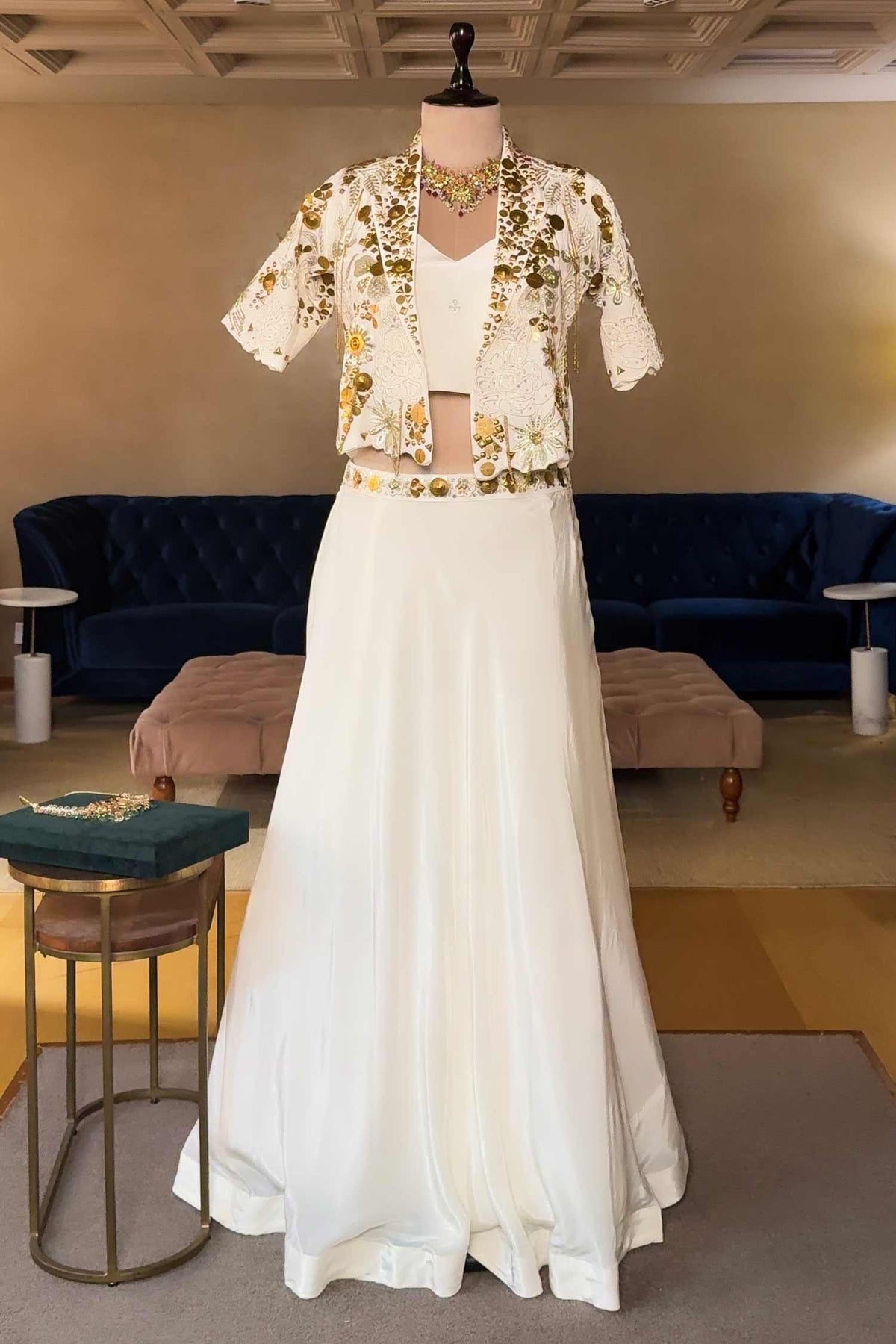 Off White Designer Handworked Crepe Silk Indo Western Set