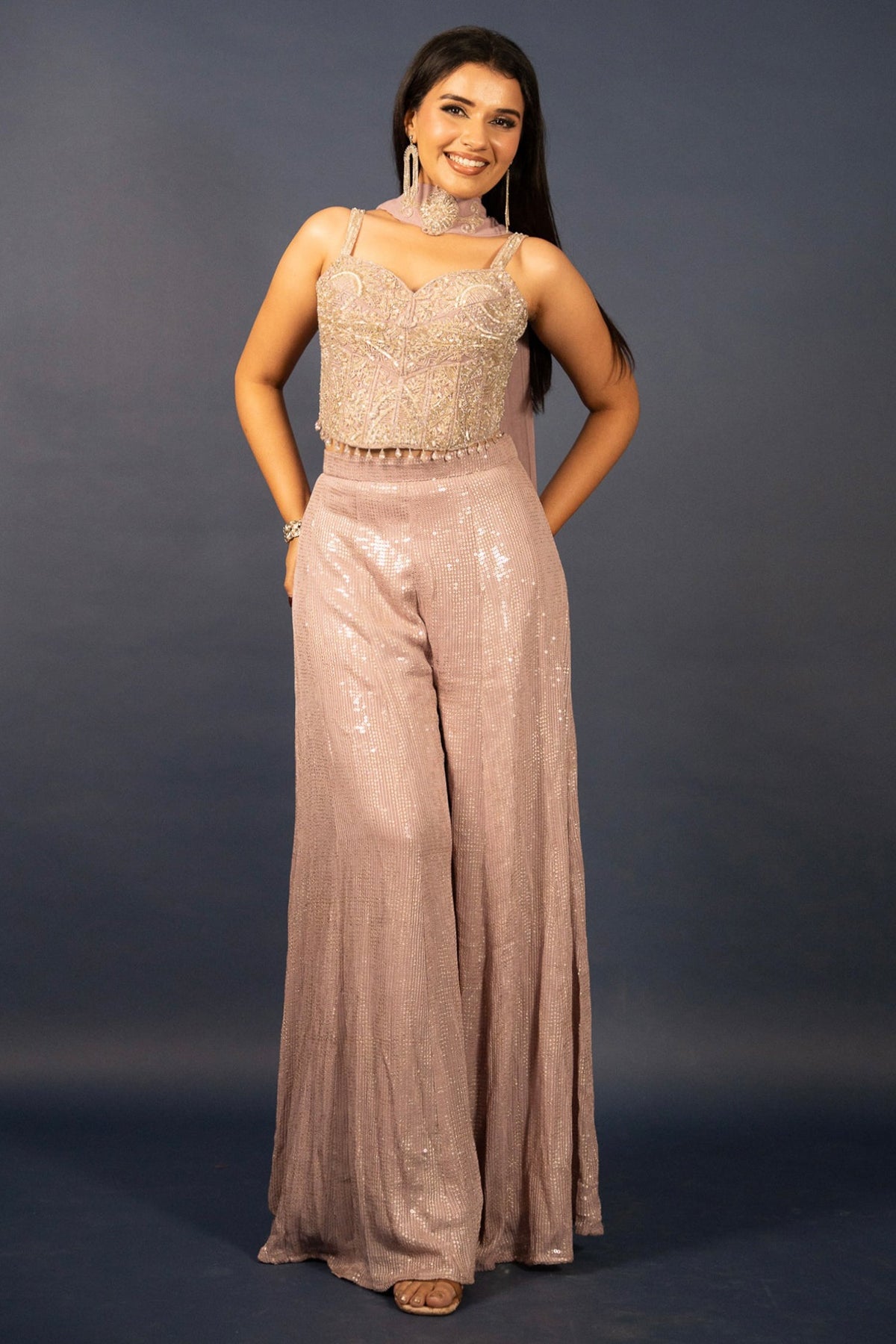 Lilac Purple Net Sequin Cutdana Worked Corset with Palazzo Set - purple net saree