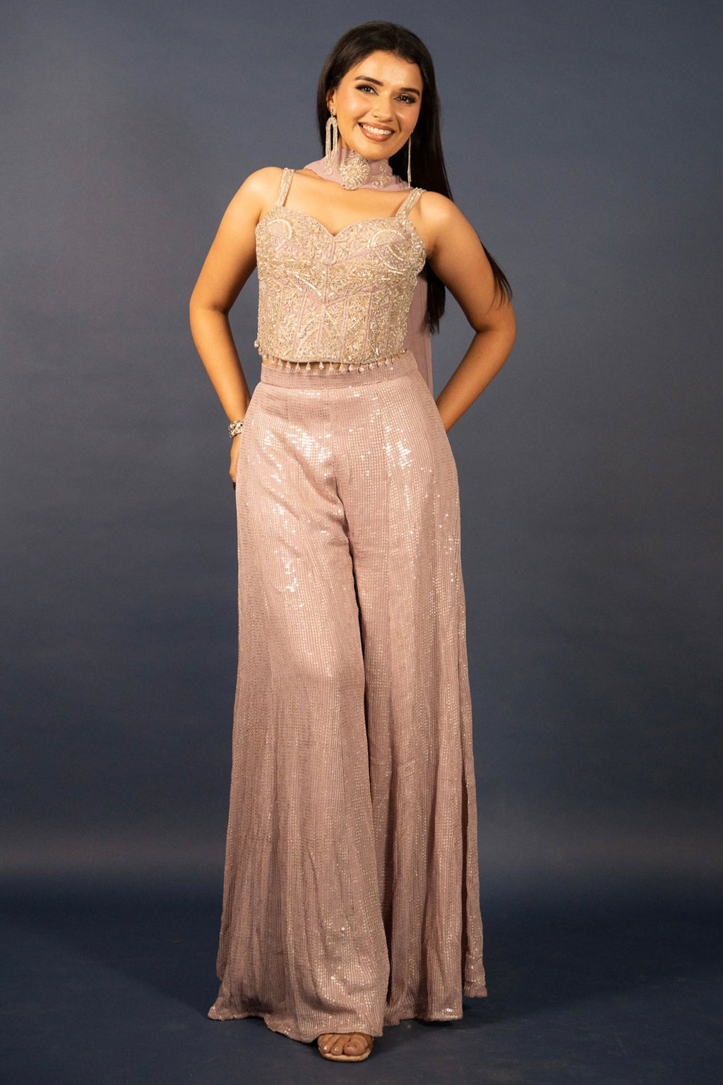 Lilac Purple Net Sequin Cutdana Worked Corset with Palazzo Set - purple net saree